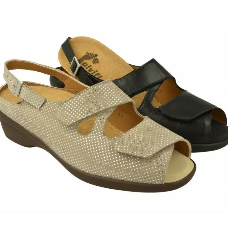 Sandalia De Alviflex En Piel Grabado Con Doble Velcro Ajustable En Ancho 14 Y Planta Movible