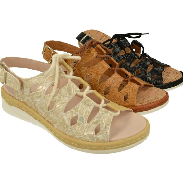 Sandalia De Comfort Class Acordonada Extra Ancha En Piel Grabada, Piso De Poliuretano Y Planta Anatomica Extraible